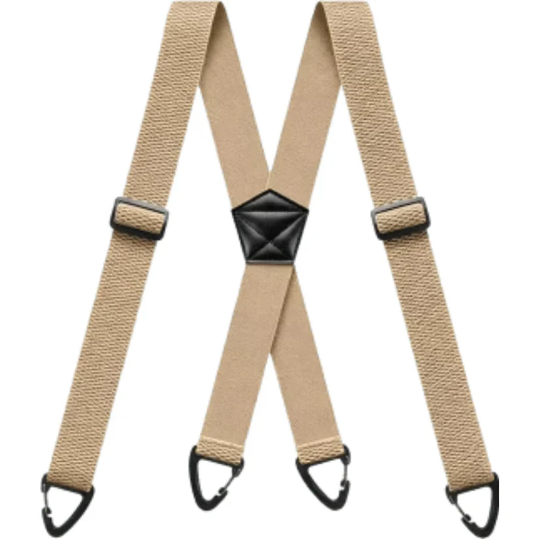 Beige Hosenträger in X-Form mit schwarzem Mittelstück, Verstellschnallen und vier Klammern 9