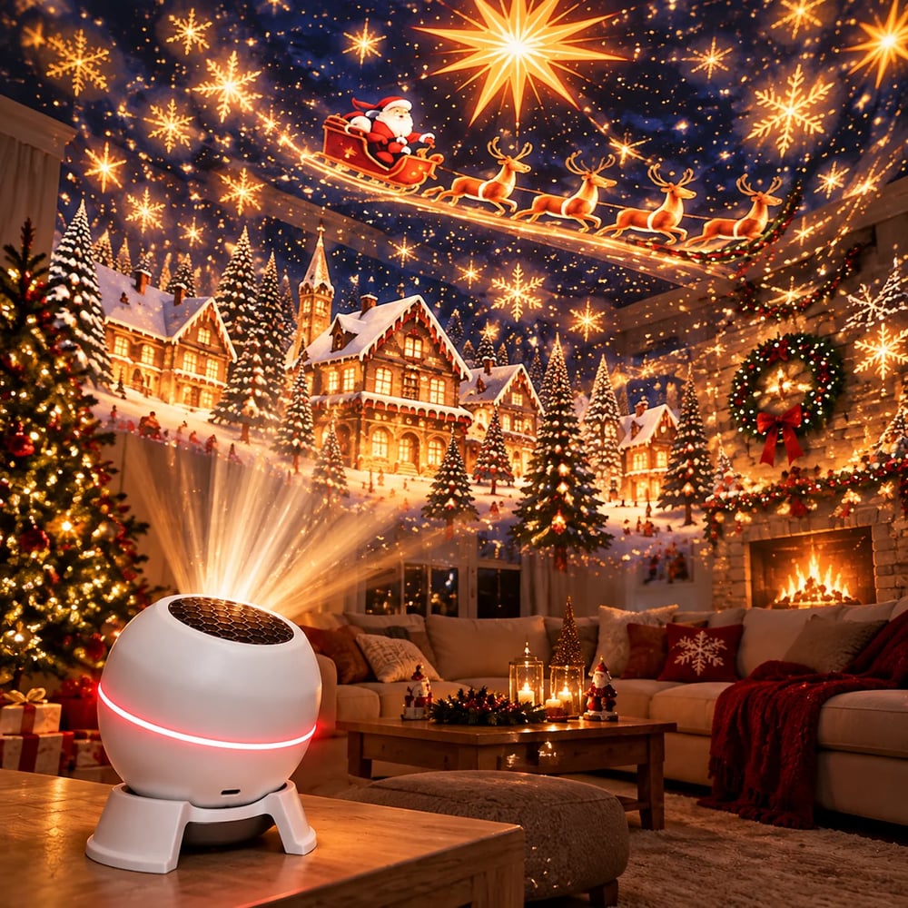 Projektor auf dem Tisch strahlt Weihnachtsmann im Schlitten, Schneeflocken und verschneites Dorf über ein festlich 5