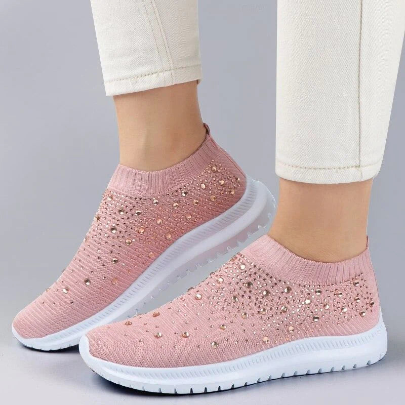 Damen Sneaker rosa Strass, atmungsaktiv, rutschfest, modisch, bequem, Freizeit, Strickmaterial.
