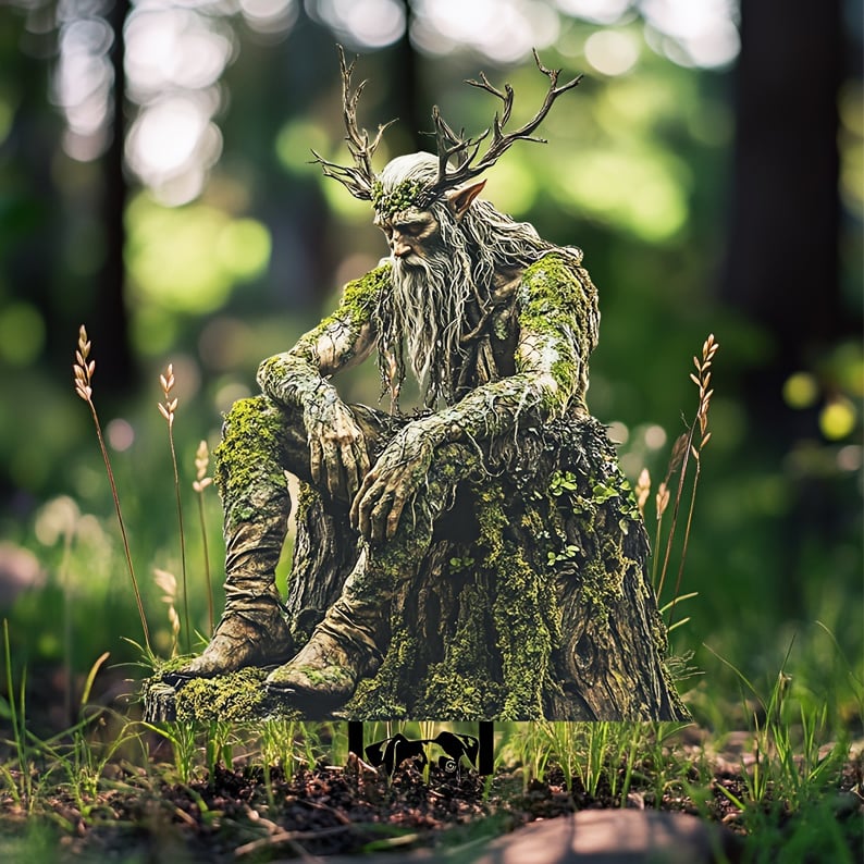 Sitzender Waldgeist mit Geweih und langem Bart auf einem bemoosten Baumstumpf, Stecker im Waldboden zwischen Gräsern. 1