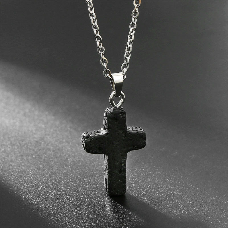Schwarze Lavastein-Kreuzkette, Edelstahlkette, modisches Schmuckstück für Herren und Damen.
