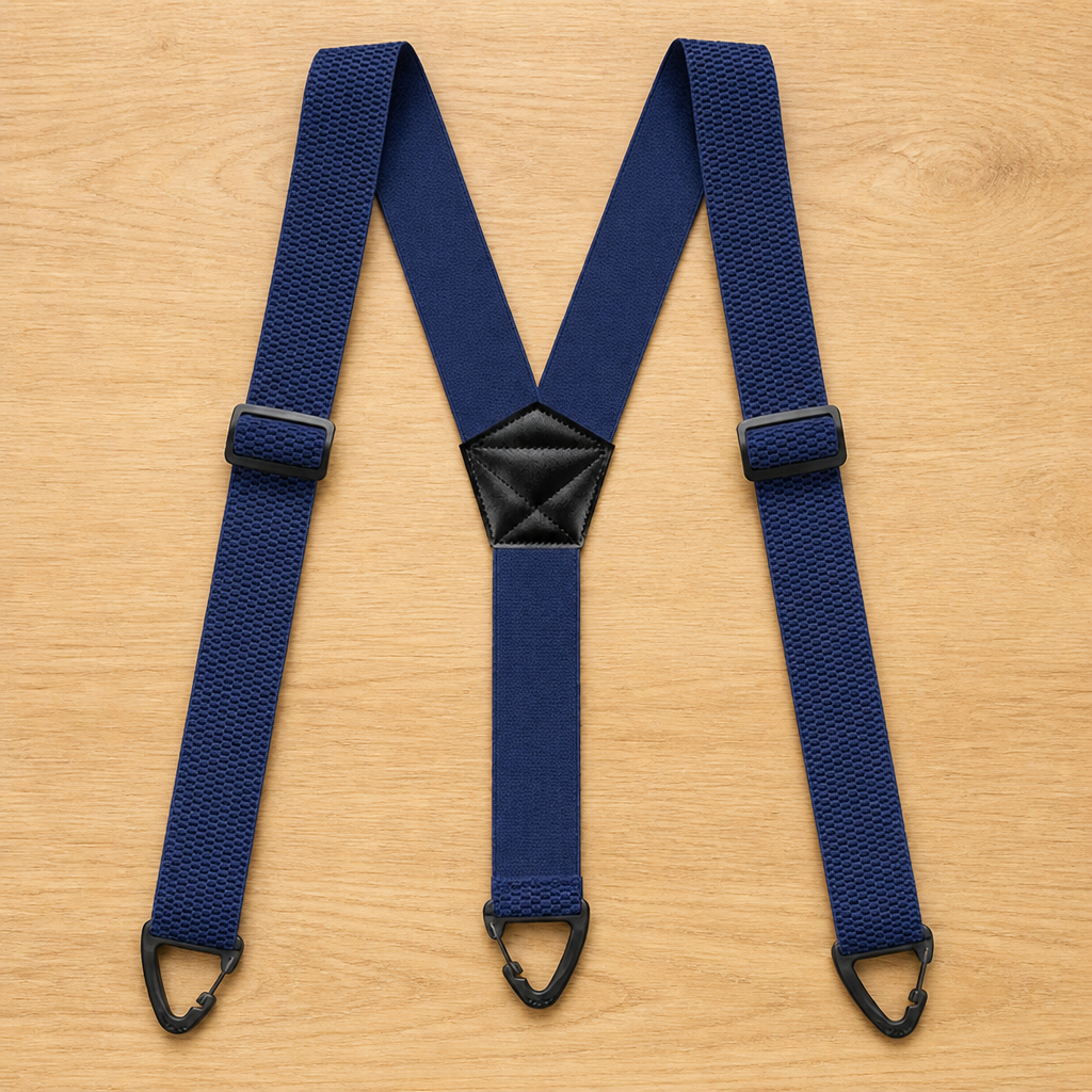 Marineblaue Y-Hosenträger mit strukturiertem Gurtband, schwarzem Mittelstück und Clips, auf Holz ausgebreitet. 11