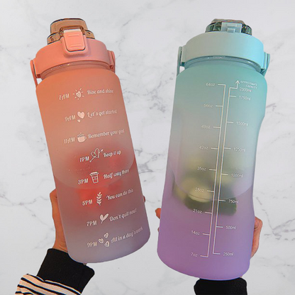 Zwei bunte Wasserflaschen mit Zeitmarkierungen, rosa und blau, aus Kunststoff, auf Marmorhintergrund.