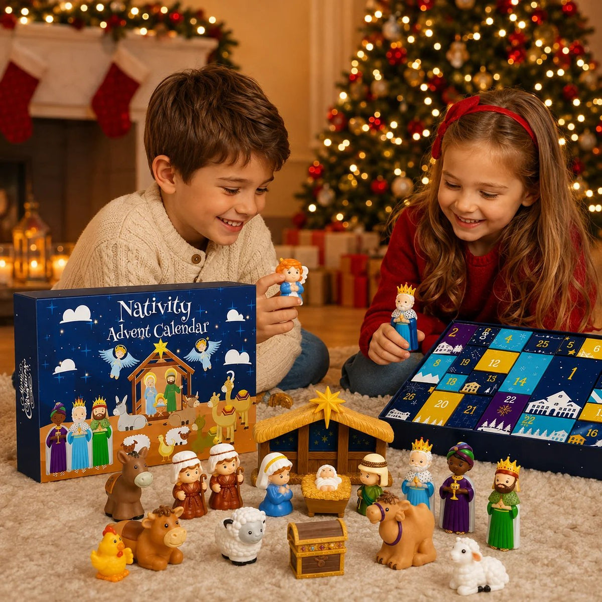 Zwei lachende Kinder spielen auf dem Teppich mit den Krippenfiguren, im Hintergrund ein Weihnachtsbaum 8