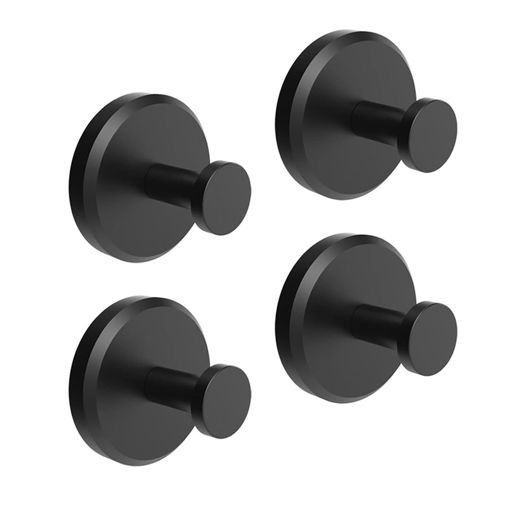 Vier schwarze Wandhaken aus Metall, rundes Design, modern, für Badezimmer oder Küche.