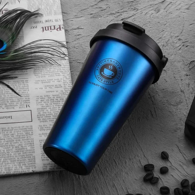 Blaue 500ml Thermoskanne, doppelwandig, auslaufsicher, Edelstahl, Reisebecher, Kaffee, Tee.