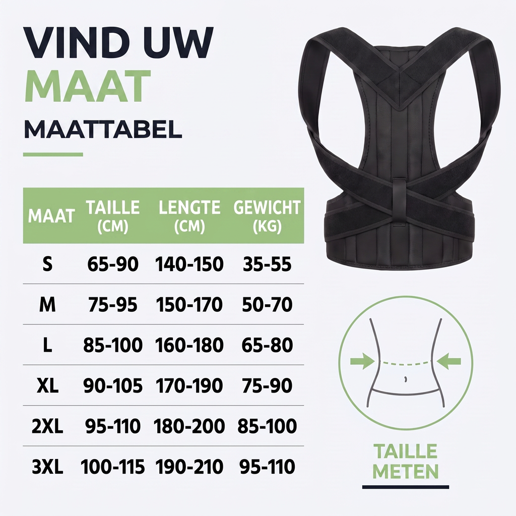 Größentabelle mit Taille, Körpergröße und Gewicht für sechs Größen, daneben die schwarze Haltungskorrektur und ein Symbol zum Taillemessen. 5