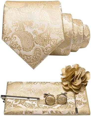 Set im Paisleymuster in Champagner und Gold mit Krawatte, Einstecktuch, Manschettenknöpfen, Krawattenclip und Blumenbrosche mit Nadel. 2