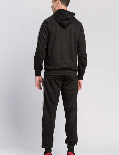 Schwarzer Herren-Trainingsanzug mit Kapuze, Rückansicht, Sportbekleidung, bequem, modern.