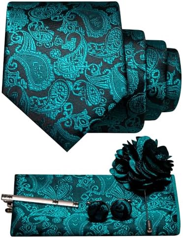 Set in Petrol auf Schwarz mit Krawatte, Einstecktuch, Manschettenknöpfen, Krawattenclip und Revers-Blütenbrosche im Paisleymuster. 25