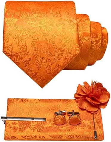 Set im Paisleymuster in Orange mit Krawatte, Einstecktuch, Manschettenknöpfen, Krawattenclip und Blumenbrosche mit Nadel. 7