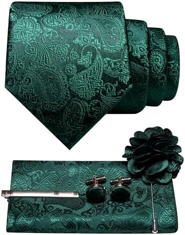 Set im Paisleymuster in Smaragdgrün mit Krawatte, Einstecktuch, Manschettenknöpfen, Krawattenclip und Blumenbrosche mit Nadel. 4