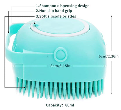 Türkise Silikon-Haarbürste mit Shampoo-Spender, rutschfestem Griff, weichen Borsten, 80ml.