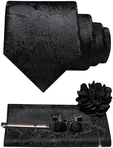 Set im Paisleymuster in Schwarz mit Krawatte, Einstecktuch, Manschettenknöpfen, Krawattenclip und Blumenbrosche mit Nadel. 9
