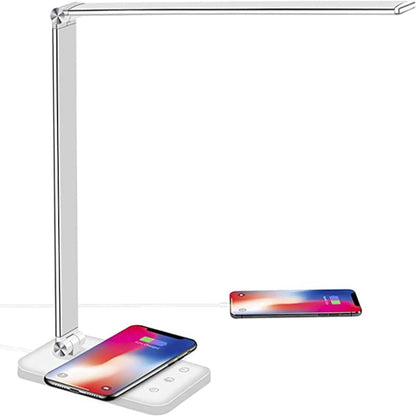LED-Schreibtischlampe mit kabelloser Ladefunktion, modern, weiß, USB-Anschluss, Touch-Bedienung.