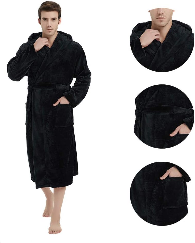 Schwarzer Herren-Bademantel mit Kapuze, Fleece, weich, warm, Taschen, Gürtel.
