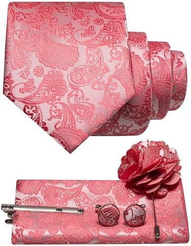 Set im Paisleymuster in Korallrosa mit Krawatte, Einstecktuch, Manschettenknöpfen, Krawattenclip und Blumenbrosche mit Nadel. 3