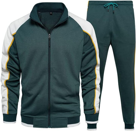 Grüner Trainingsanzug mit gelben Streifen, Reißverschlussjacke und Hose, Sportbekleidung Herren.