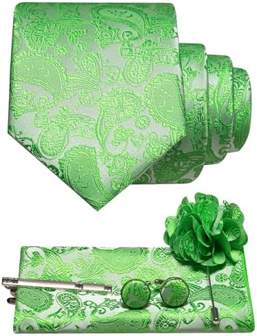 Set im Paisleymuster in hellem Grün mit Krawatte, Einstecktuch, Manschettenknöpfen, Krawattenclip und Blumenbrosche mit Nadel. 17