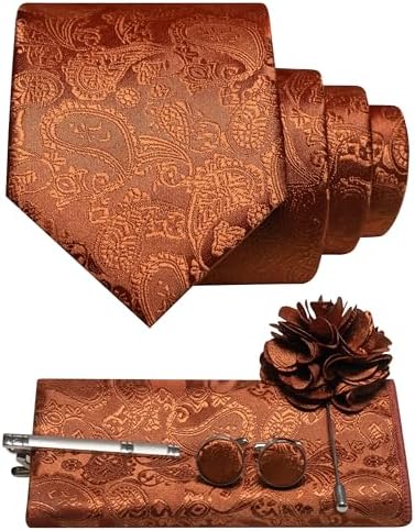 Set im Paisleymuster in Kupferbraun mit Krawatte, Einstecktuch, Manschettenknöpfen, Krawattenclip und Blumenbrosche mit Nadel. 15