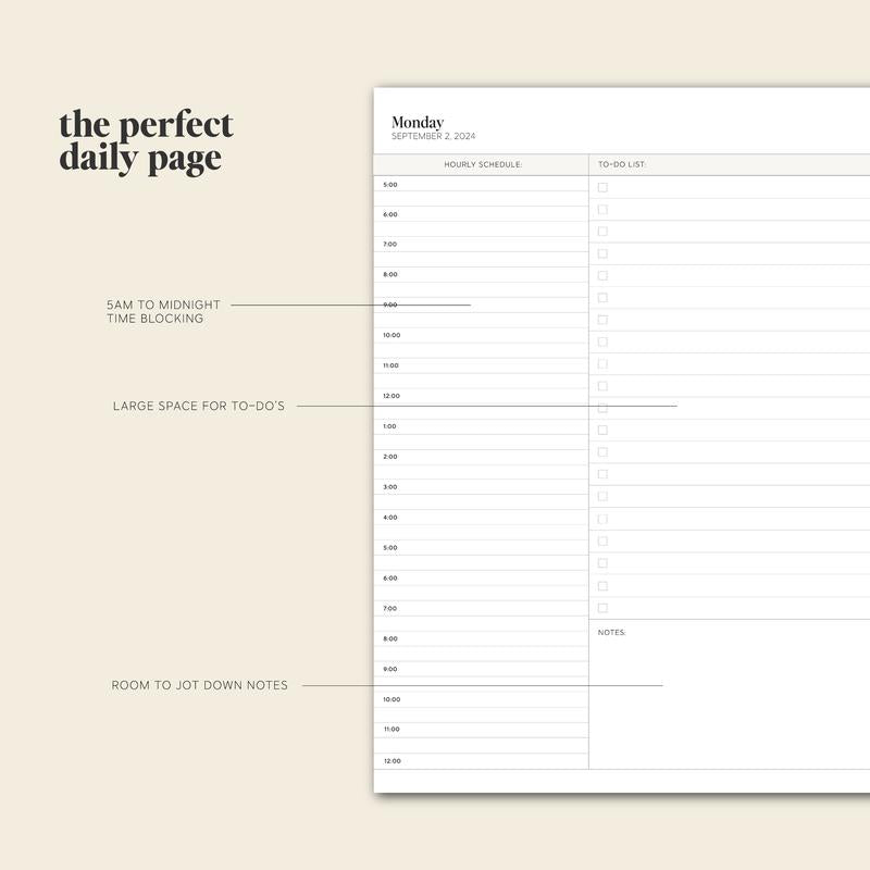 Täglicher Planer für Montag, Zeitplan und To-Do-Liste, minimalistisch, cremefarben.