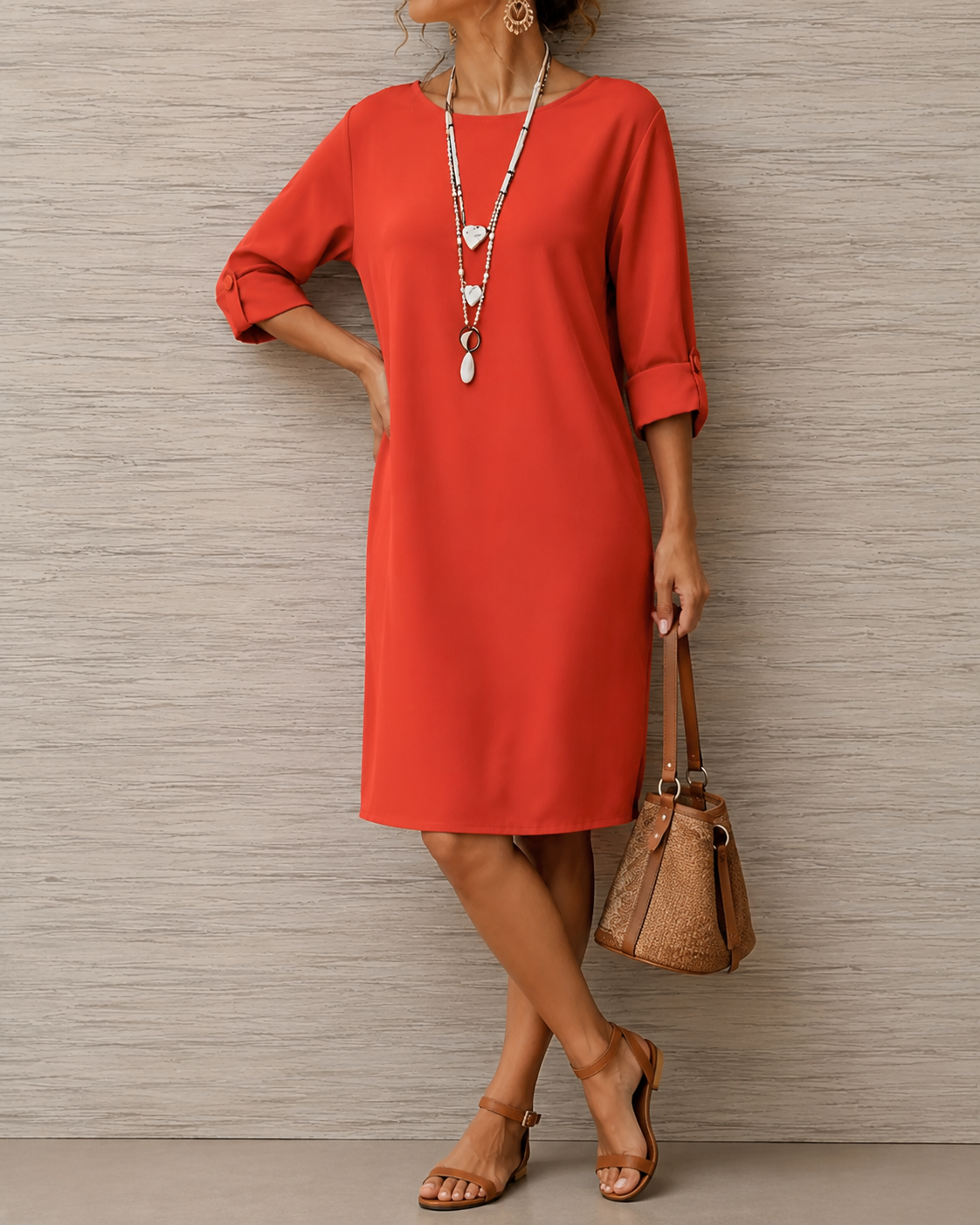 Rotes Kleid mit Knopf an den hochgekrempelten Ärmeln, Model mit Beuteltasche, die Hand in die Hüfte gestützt 4