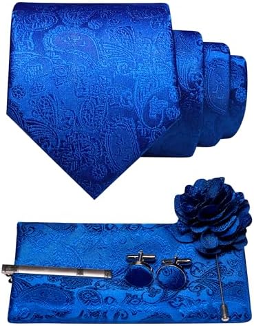 Set im Paisleymuster in Königsblau mit Krawatte, Einstecktuch, Manschettenknöpfen, Krawattenclip und Blumenbrosche mit Nadel. 10
