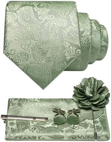 Set in Salbeigrün mit Krawatte, Einstecktuch, Manschettenknöpfen, Krawattenclip und Blütenbrosche im Paisleymuster. 30
