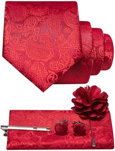 Set im Paisleymuster in leuchtendem Rot mit Krawatte, Einstecktuch, Manschettenknöpfen, Krawattenclip und Blumenbrosche mit Nadel. 13