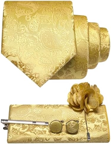 Set im Paisleymuster in leuchtendem Goldgelb mit Krawatte, Einstecktuch, Manschettenknöpfen, Krawattenclip und Blumenbrosche mit Nadel. 5