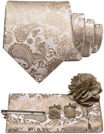 Set im Paisleymuster in Beige und Gold mit Krawatte, Einstecktuch, Manschettenknöpfen, Krawattenclip und Blumenbrosche mit Nadel. 20