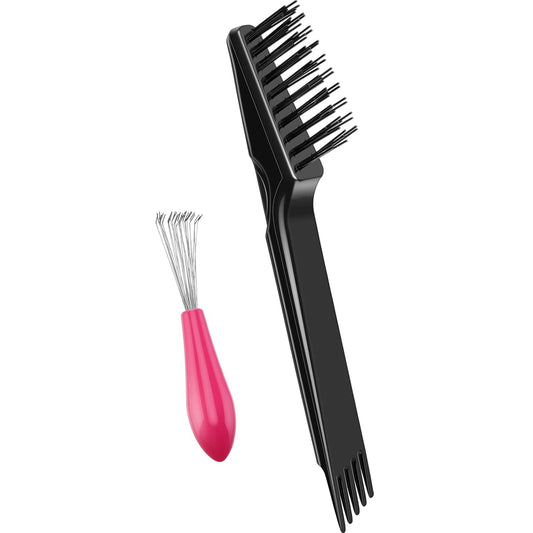 Schwarze Haarbürste mit rotem Reinigungswerkzeug, Kunststoff, für Haarpflege und Styling.