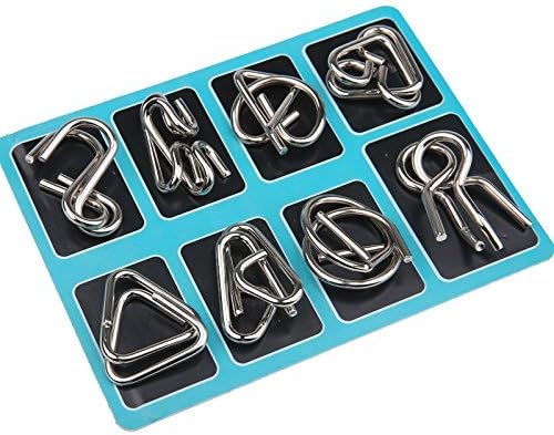 Metallpuzzle-Set, 8-teilig, Gehirntraining, Logikspiel, silber, auf blauem Tablett