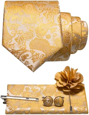 Set im Paisleymuster in Gold auf hellem Grund mit Krawatte, Einstecktuch, Manschettenknöpfen, Krawattenclip und Blumenbrosche mit Nadel. 16