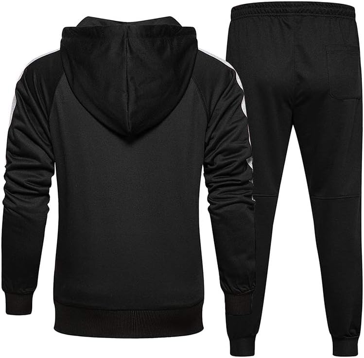 Schwarzer Herren-Trainingsanzug, Kapuzenjacke und Jogginghose, Sportbekleidung, Polyester.