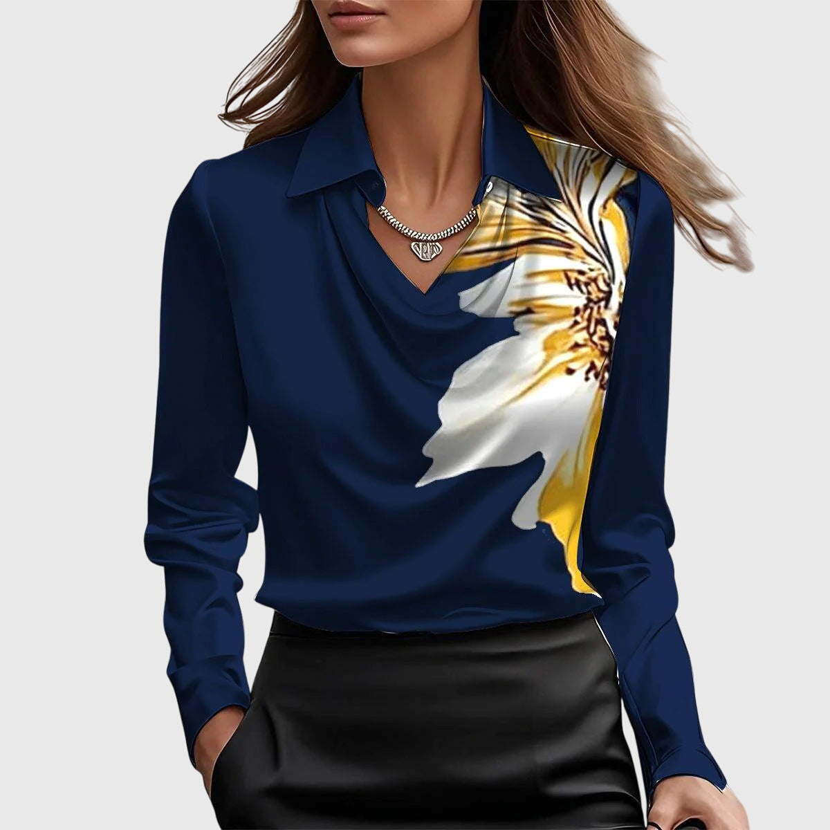 Women's Satin Cowl-Neck Blouse - Long-Sleeve Collared Top for Work and Evening 8