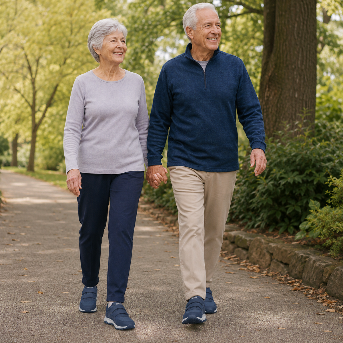 Älteres Paar spaziert Hand in Hand durch einen Park, beide tragen blaue Klettschuhe 6