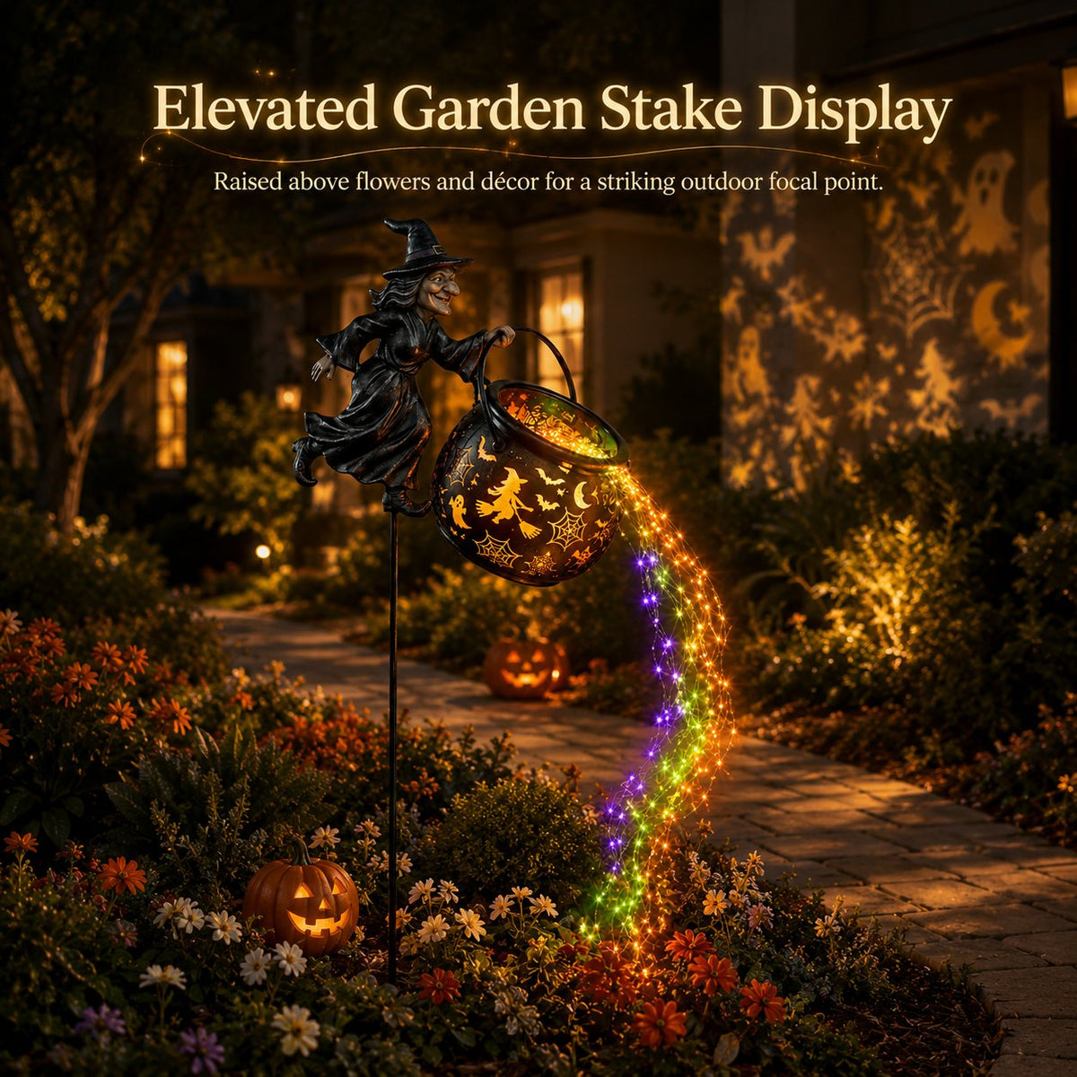 Halloween Witch Cauldron Garden Light with Colorful Glow and Spooky Projections 7