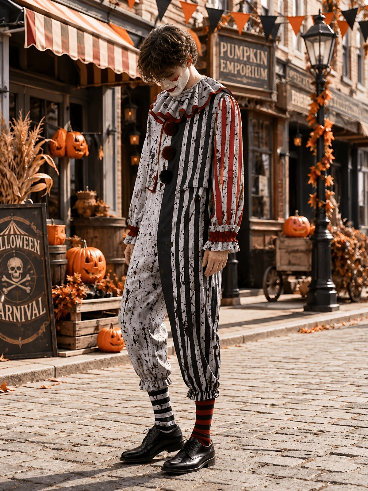 Seitliche Ansicht des Clown-Overalls mit rot gestreiften Ärmeln, Rüschenmanschetten und Pompons an einem Model, das den Kopf nach unten neigt. 2
