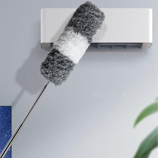 Staubwedel mit Teleskopstange reinigt Klimaanlage, grau-weiß, Mikrofaser, Haushaltsreinigung.
