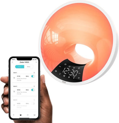 Smart-Wecker mit Sonnenaufgangssimulation, LED-Licht, App-Steuerung, orange, modern, digital.
