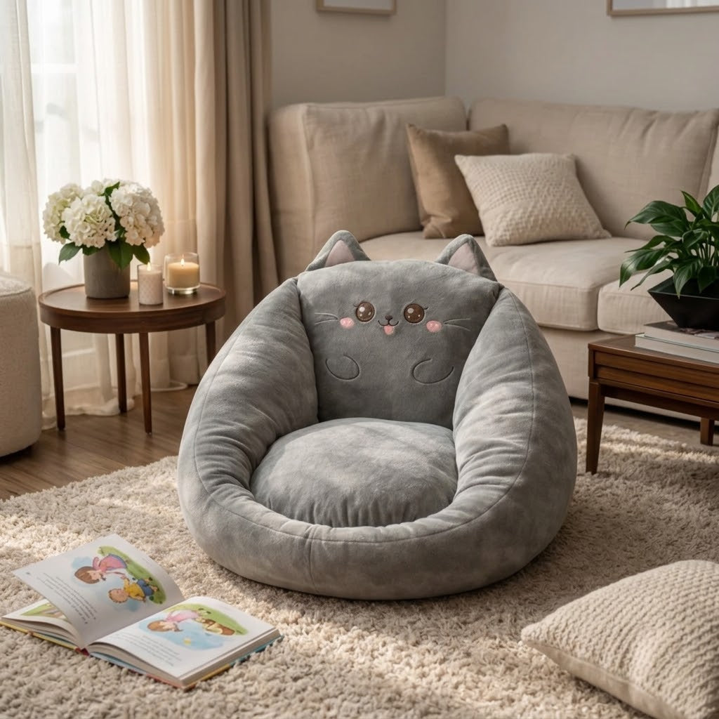 Grauer Sitzsack in Katzenform mit Ohren und Gesicht, im Wohnzimmer auf einem Hochflorteppich 5