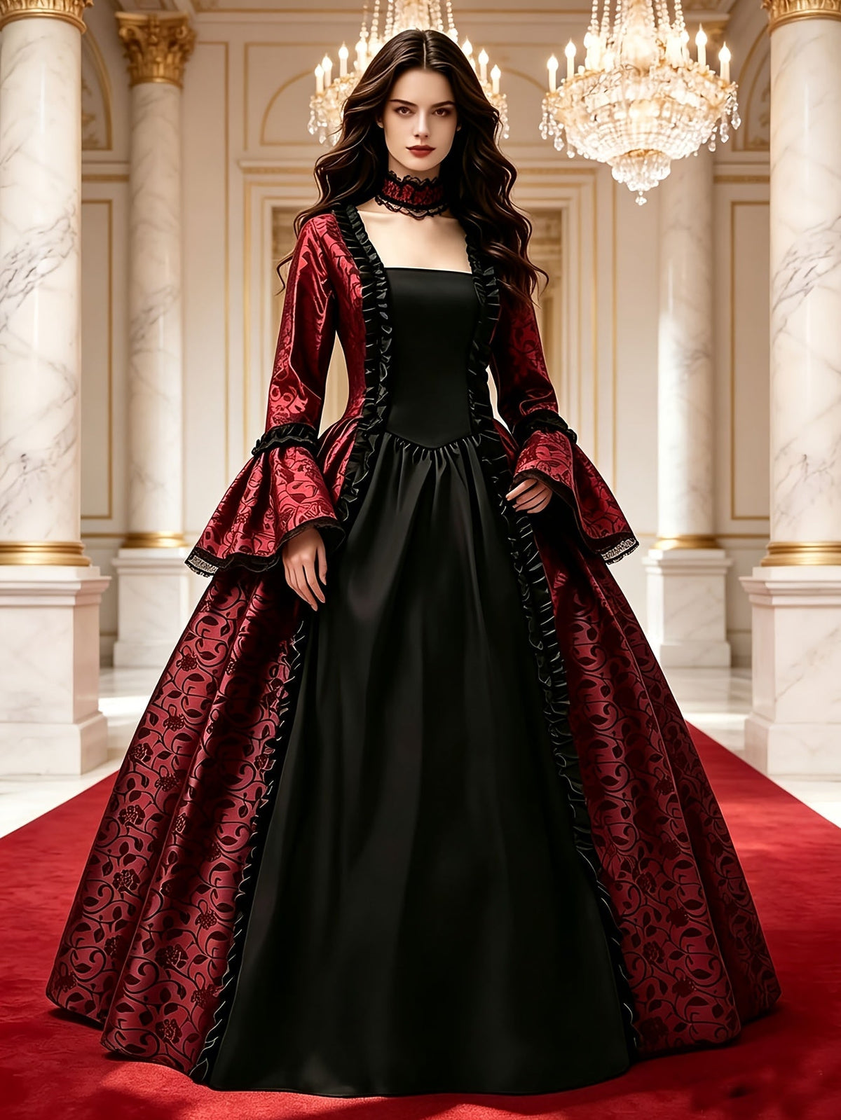 Model trägt das rot-schwarze Kleid mit rotem Spitzenhalsband in einem Marmorsaal mit Kronleuchtern auf rotem Teppich. 9