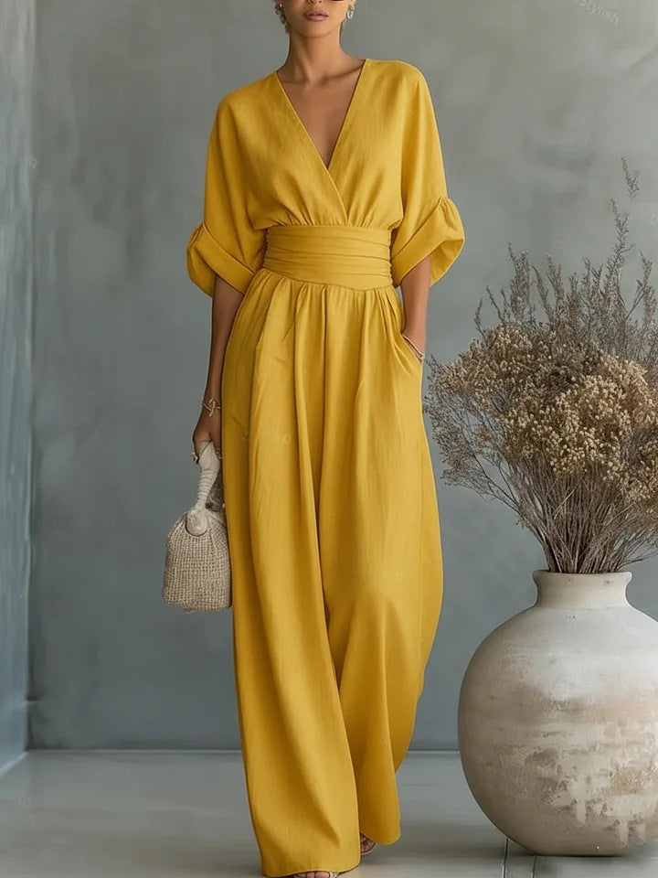 Women's Elegant V-Neck Jumpsuit with High-Waist Wide-Leg Pants 3