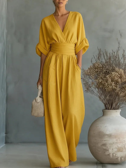 Women's Elegant V-Neck Jumpsuit with High-Waist Wide-Leg Pants 3