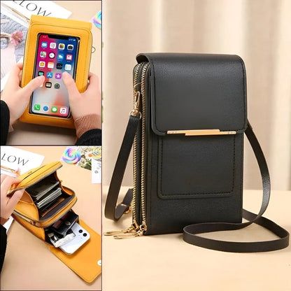 Schwarze Leder-Handytasche mit Schulterriemen, mehrere Fächer, modisch und praktisch.