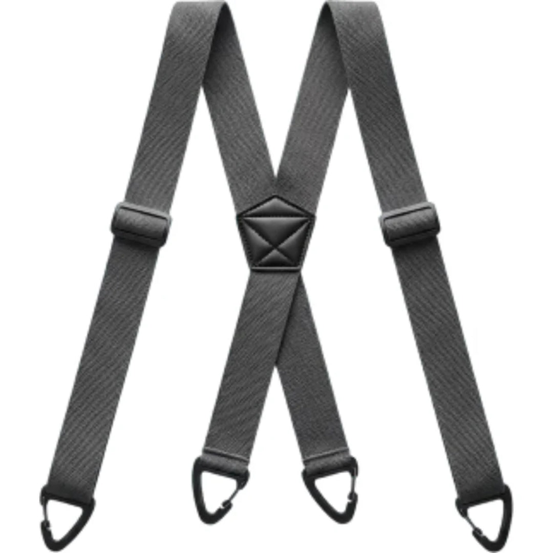 Graue Hosenträger in X-Form mit feiner Struktur, schwarzem Mittelstück und vier Klammern 7