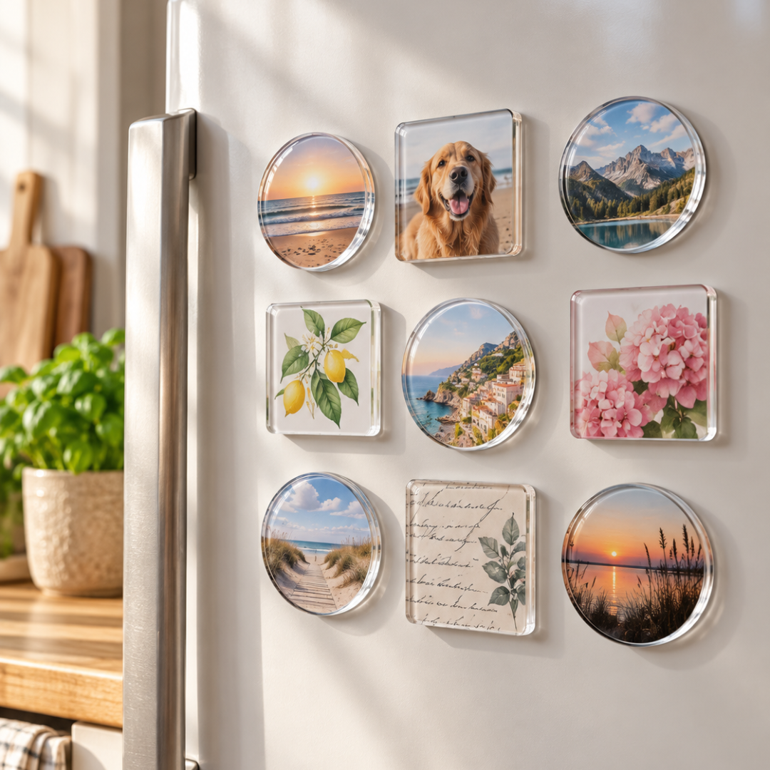 Neun runde und quadratische Fotomagnete mit Strand-, Hunde-, Berg- und Blumenmotiven an einer Kühlschranktür 2