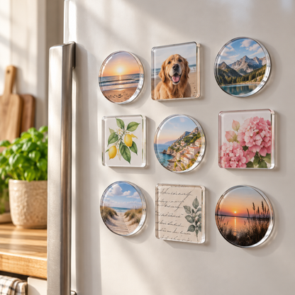Neun runde und quadratische Fotomagnete mit Strand-, Hunde-, Berg- und Blumenmotiven an einer Kühlschranktür 2