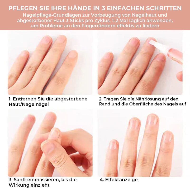 Vier Schritte zur Anwendung: abgestorbene Haut entfernen, Öl auftragen, sanft einmassieren und das Ergebnis betrachten 5